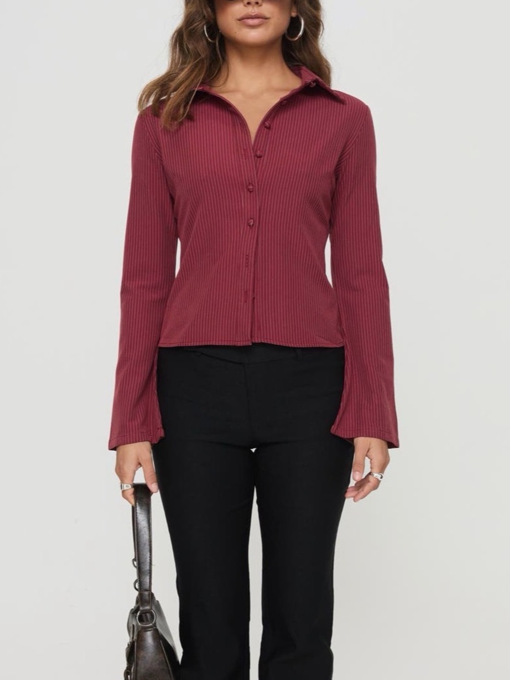Princess Polly Anni Pinstripe Long Sleeve Button-Up Shirt